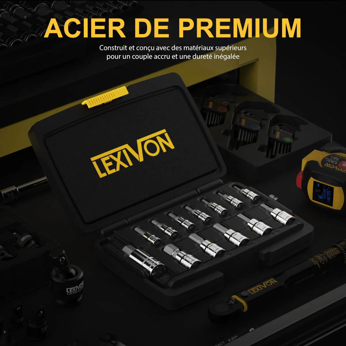 LEXIVON Set de 13 Douilles à 6 pans intérieurs | SAE Impériales taille de 5/64’’ à 9/16’’ | Jeu de hex douilles à embouts, entraînement 1/4" 3/8" 1/2" pour clés dynamométriques et perceuses (LX-142)