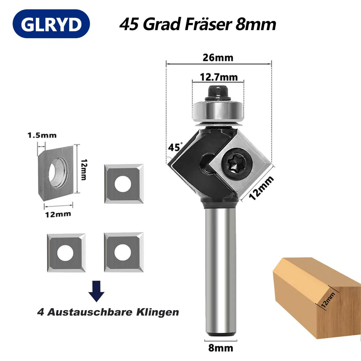 Fraise à chanfreiner à 45 degrés avec tige de 8 mm, avec 4 plaques réversibles, bordure Bevel et lame interchangeable, pour couper un chanfrein à 45 degrés sur le bord du bois