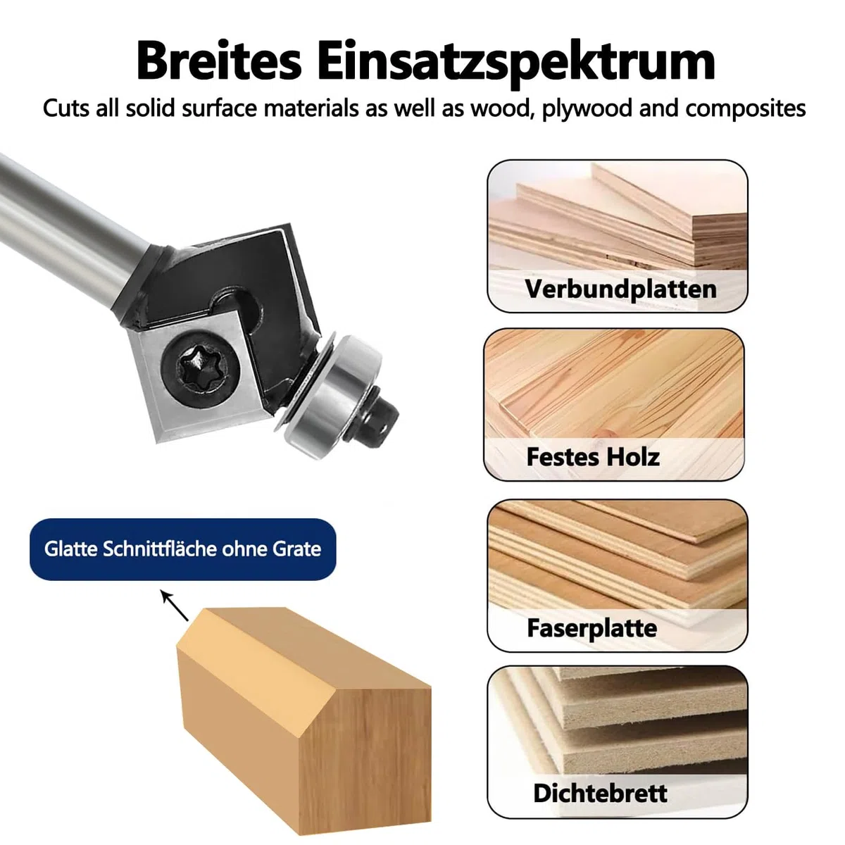 Fraise à chanfreiner à 45 degrés avec tige de 8 mm, avec 4 plaques réversibles, bordure Bevel et lame interchangeable, pour couper un chanfrein à 45 degrés sur le bord du bois