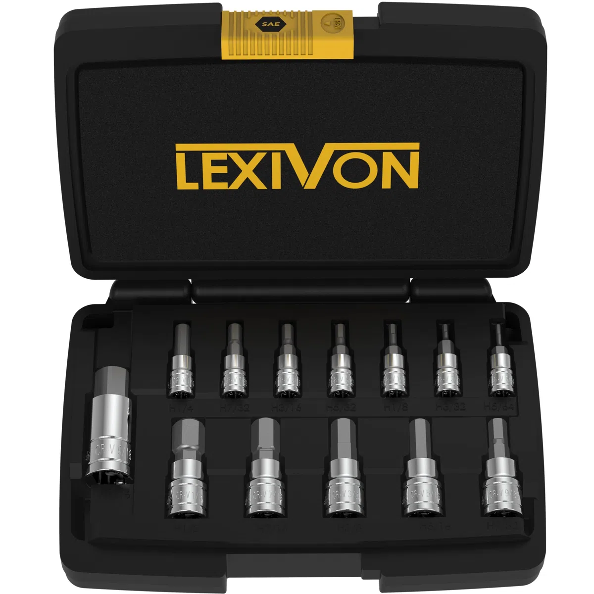 LEXIVON Set de 13 Douilles à 6 pans intérieurs | SAE Impériales taille de 5/64’’ à 9/16’’ | Jeu de hex douilles à embouts, entraînement 1/4" 3/8" 1/2" pour clés dynamométriques et perceuses (LX-142)
