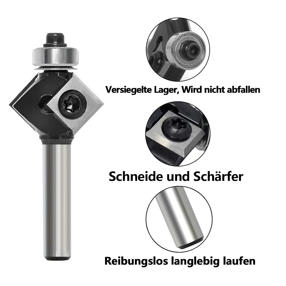 Fraise à chanfreiner à 45 degrés avec tige de 8 mm, avec 4 plaques réversibles, bordure Bevel et lame interchangeable, pour couper un chanfrein à 45 degrés sur le bord du bois