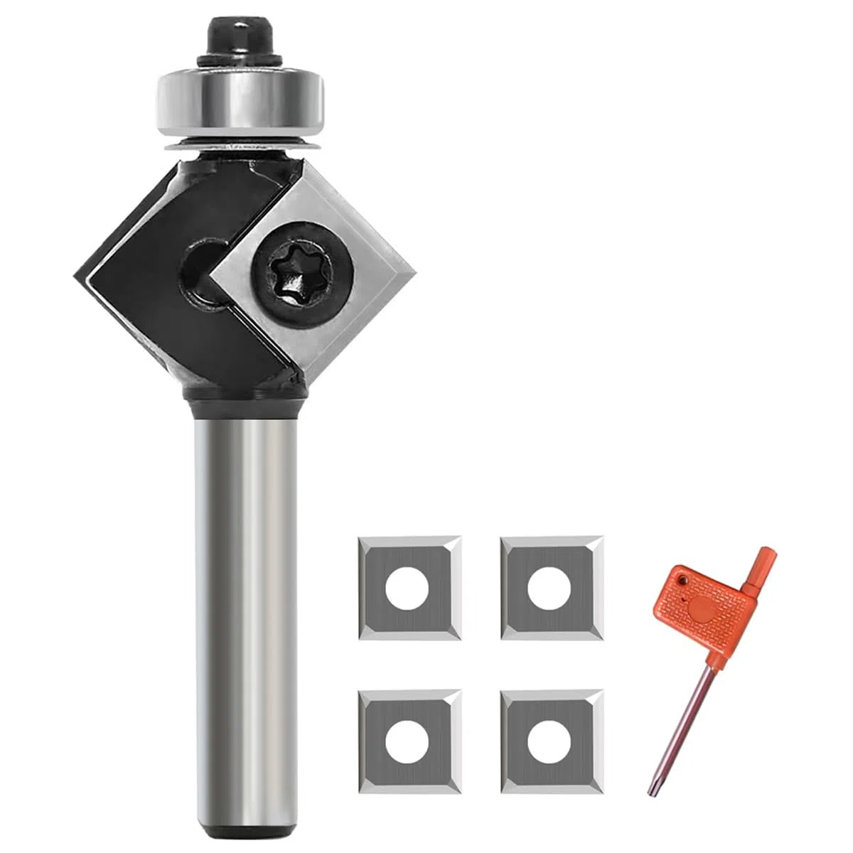 Fraise à chanfreiner à 45 degrés avec tige de 8 mm, avec 4 plaques réversibles, bordure Bevel et lame interchangeable, pour couper un chanfrein à 45 degrés sur le bord du bois