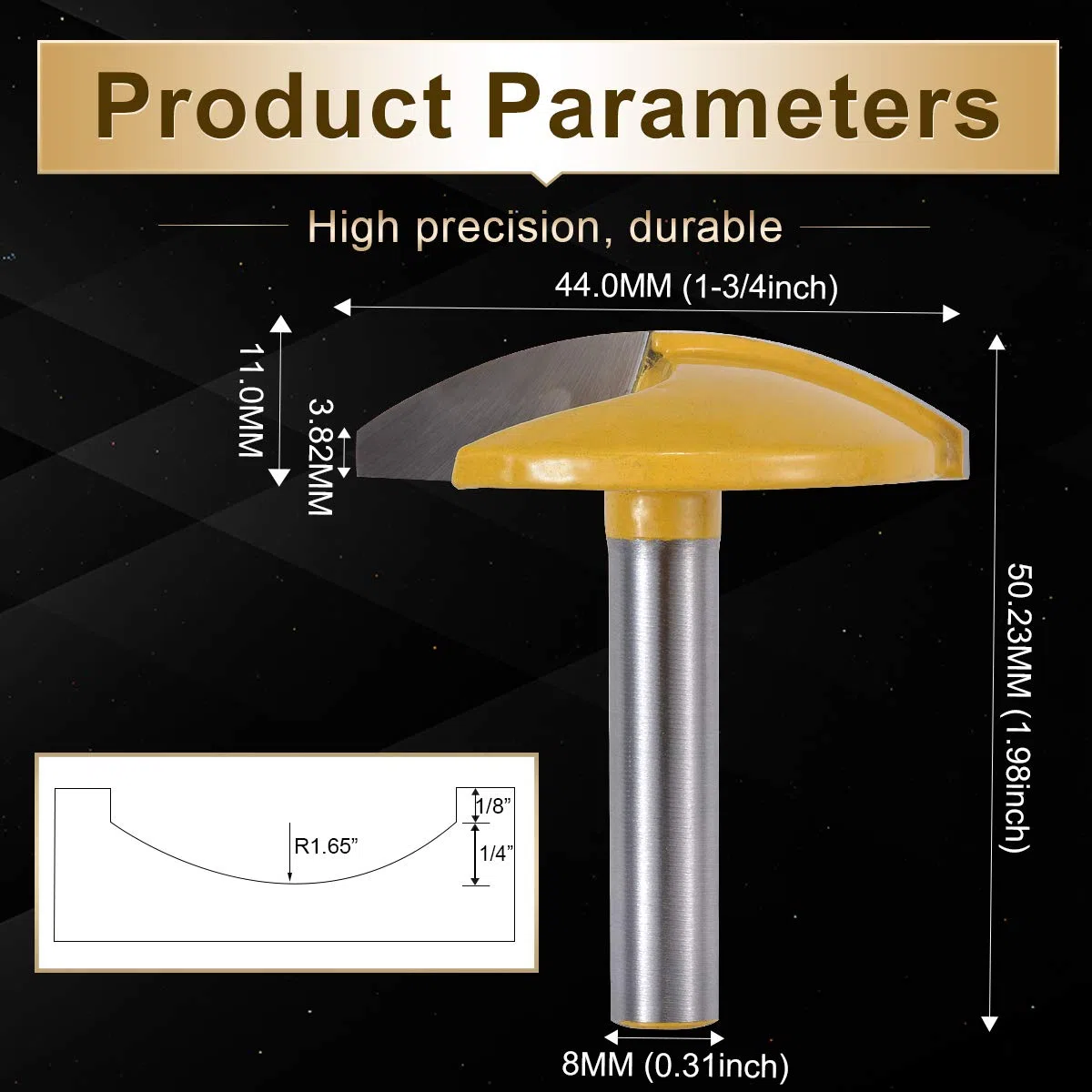 KATUR Fraise horizontale pour toupie, Fraise pour chape, Petite toupie avec tige de 8mm (tige de 8mm, largeur de 1-3/4", rayon de 1.65")